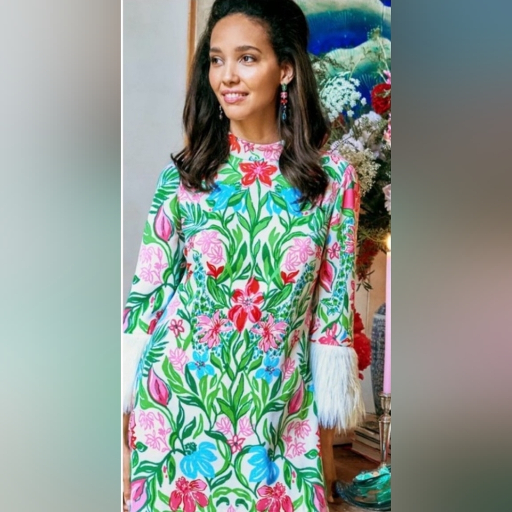 NWT Lilly Pulitzer Agnes romper with Faux Feather Cuffs - Pink, Green, Blue SZ 8